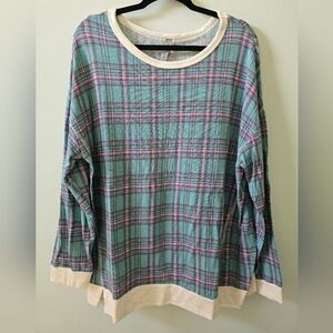 Honeyme Teal and Pink Plaid Long Sleeve Top